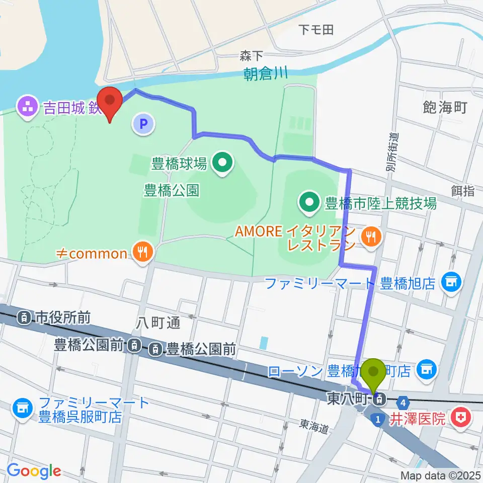 東八町駅から豊橋市三の丸会館へのルートマップ地図
