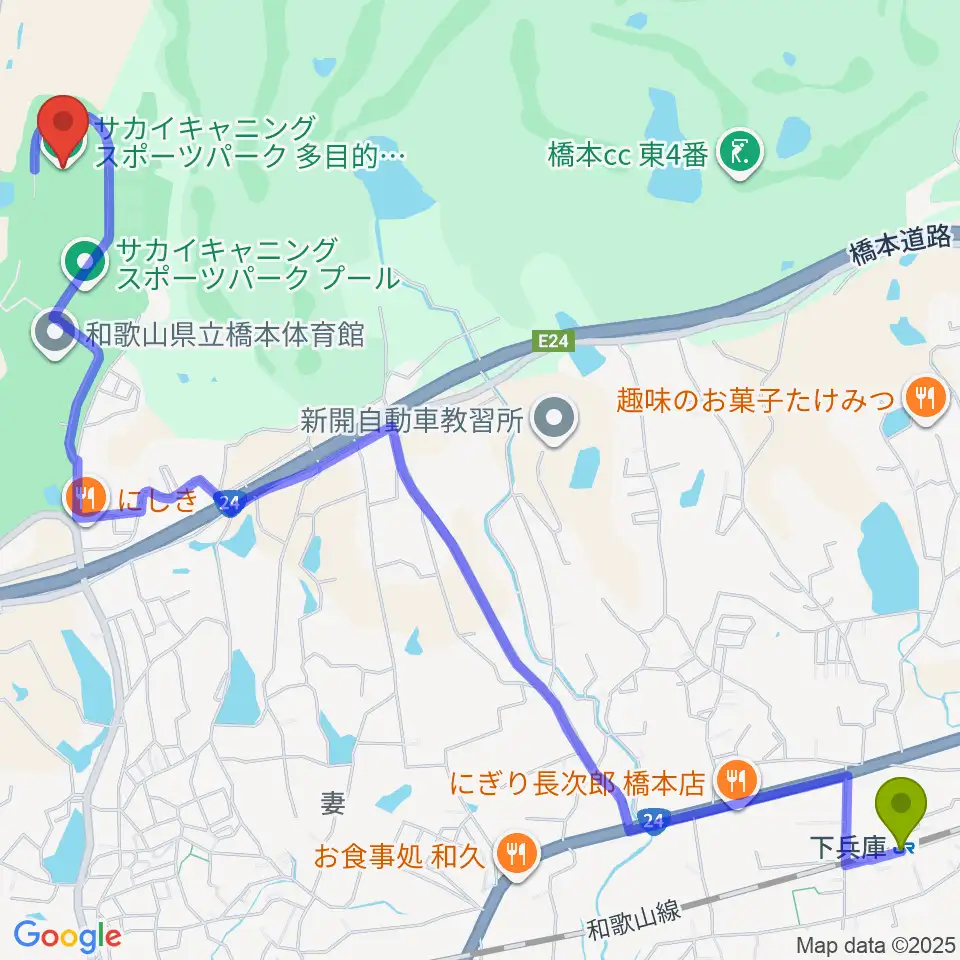 下兵庫駅からサカイキャニングスポーツパーク多目的グラウンドへのルートマップ地図