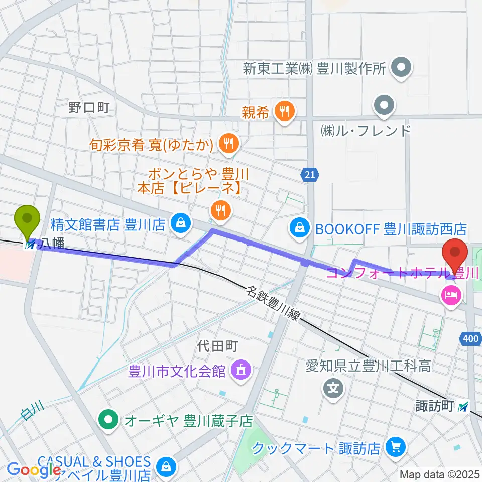 八幡駅から豊川市総合体育館へのルートマップ地図