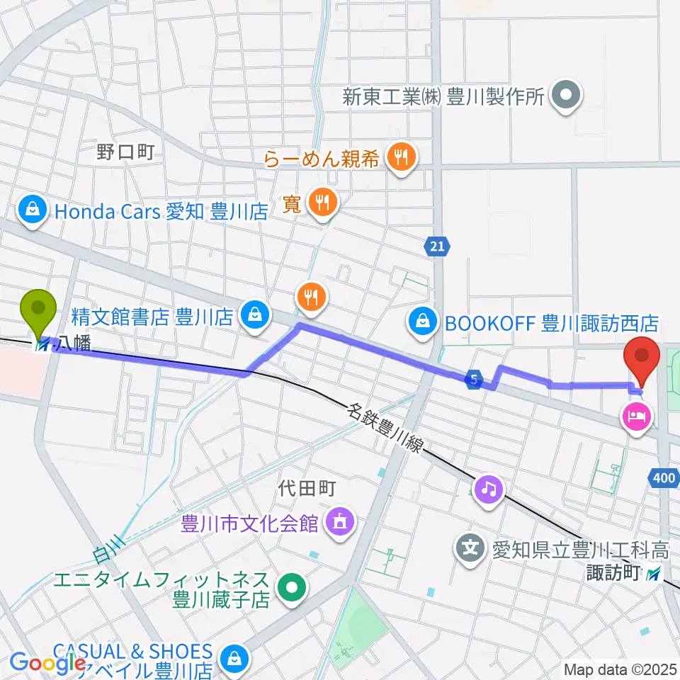 八幡駅からシントー ハート アリーナへのルートマップ地図