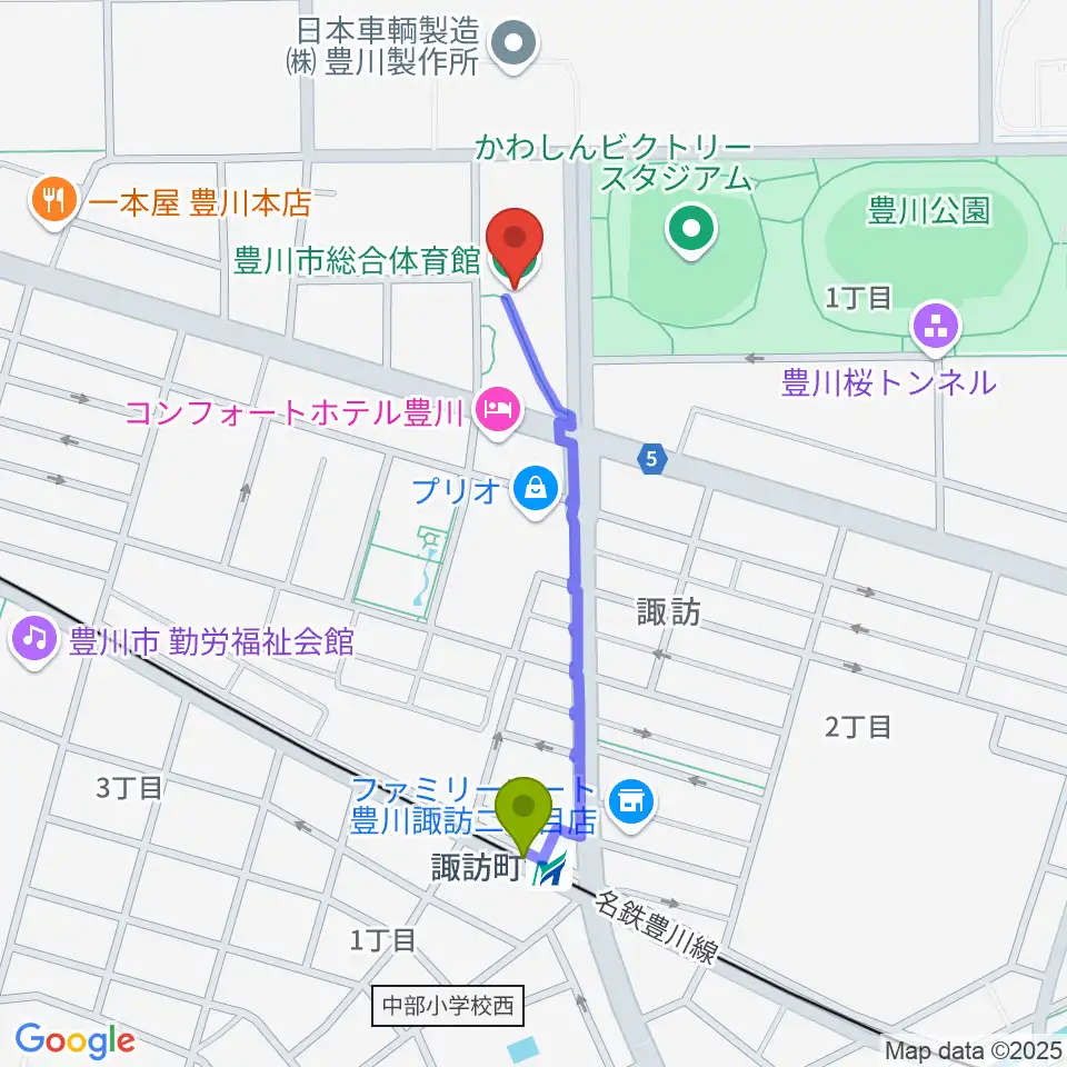 豊川市総合体育館の最寄駅諏訪町駅からの徒歩ルート（約8分）地図