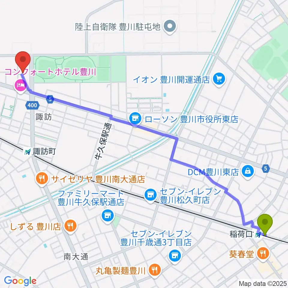 稲荷口駅から豊川市総合体育館へのルートマップ地図