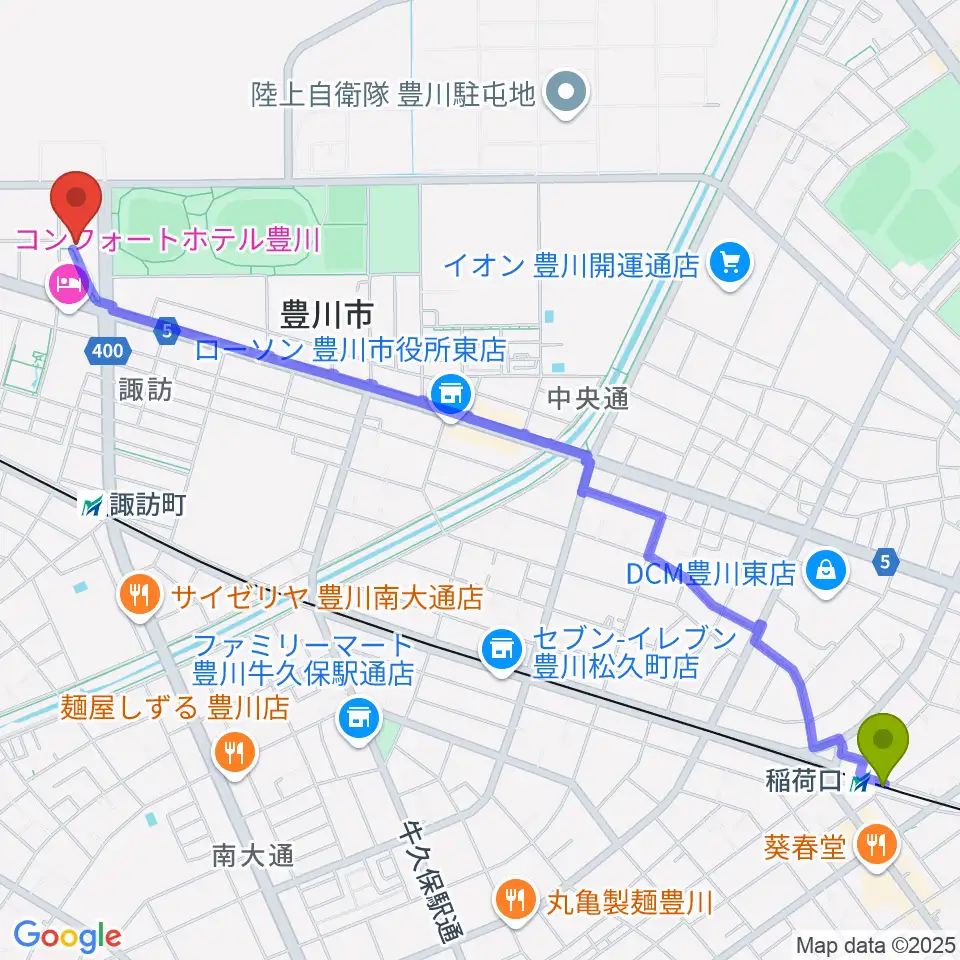 稲荷口駅から豊川市総合体育館へのルートマップ地図