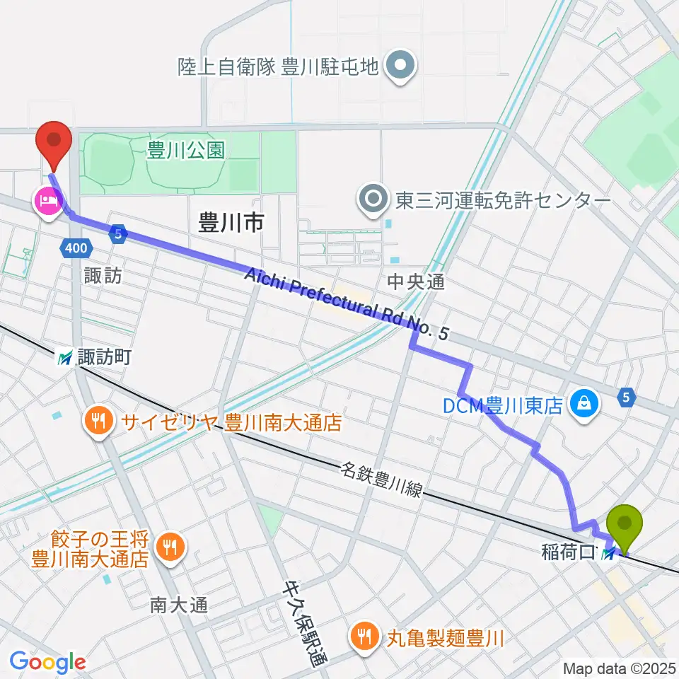 稲荷口駅からシントー ハート アリーナへのルートマップ地図