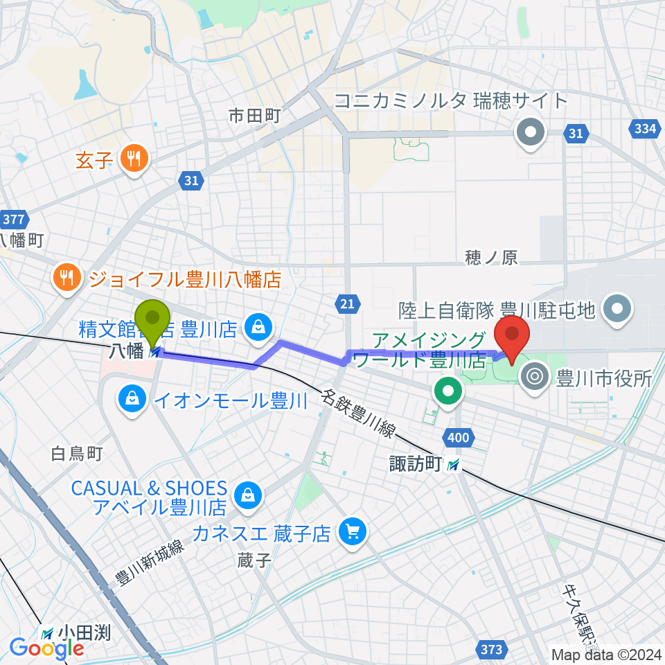 八幡駅から豊川市陸上競技場へのルートマップ地図