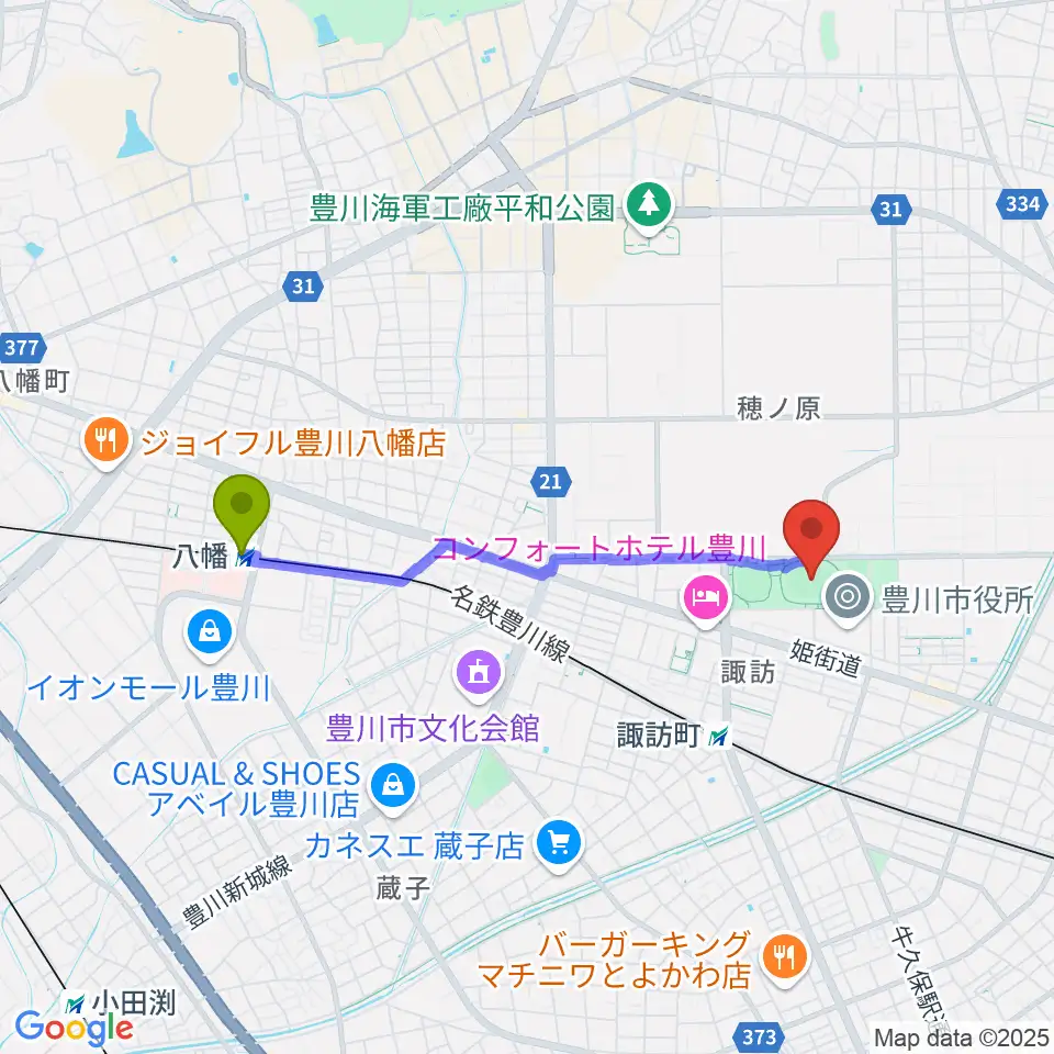 八幡駅からOKAKENアスリートフィールドへのルートマップ地図