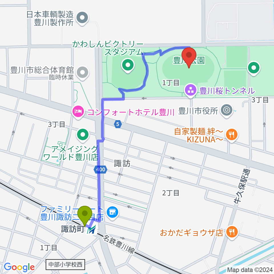 豊川市陸上競技場の最寄駅諏訪町駅からの徒歩ルート（約11分）地図