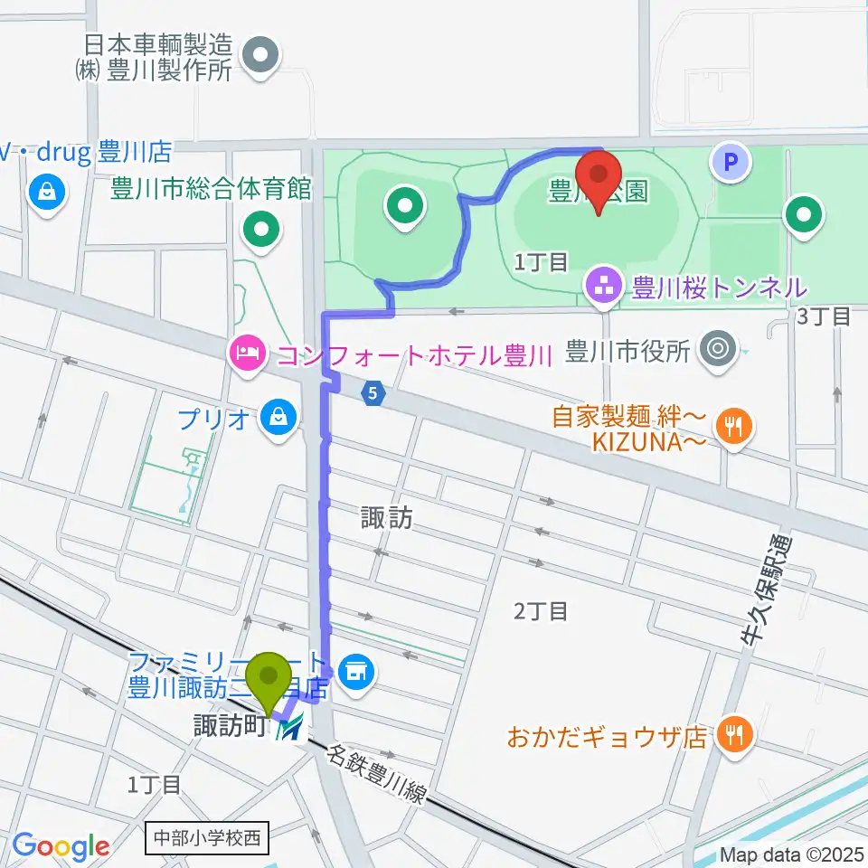 OKAKENアスリートフィールドの最寄駅諏訪町駅からの徒歩ルート（約11分）地図