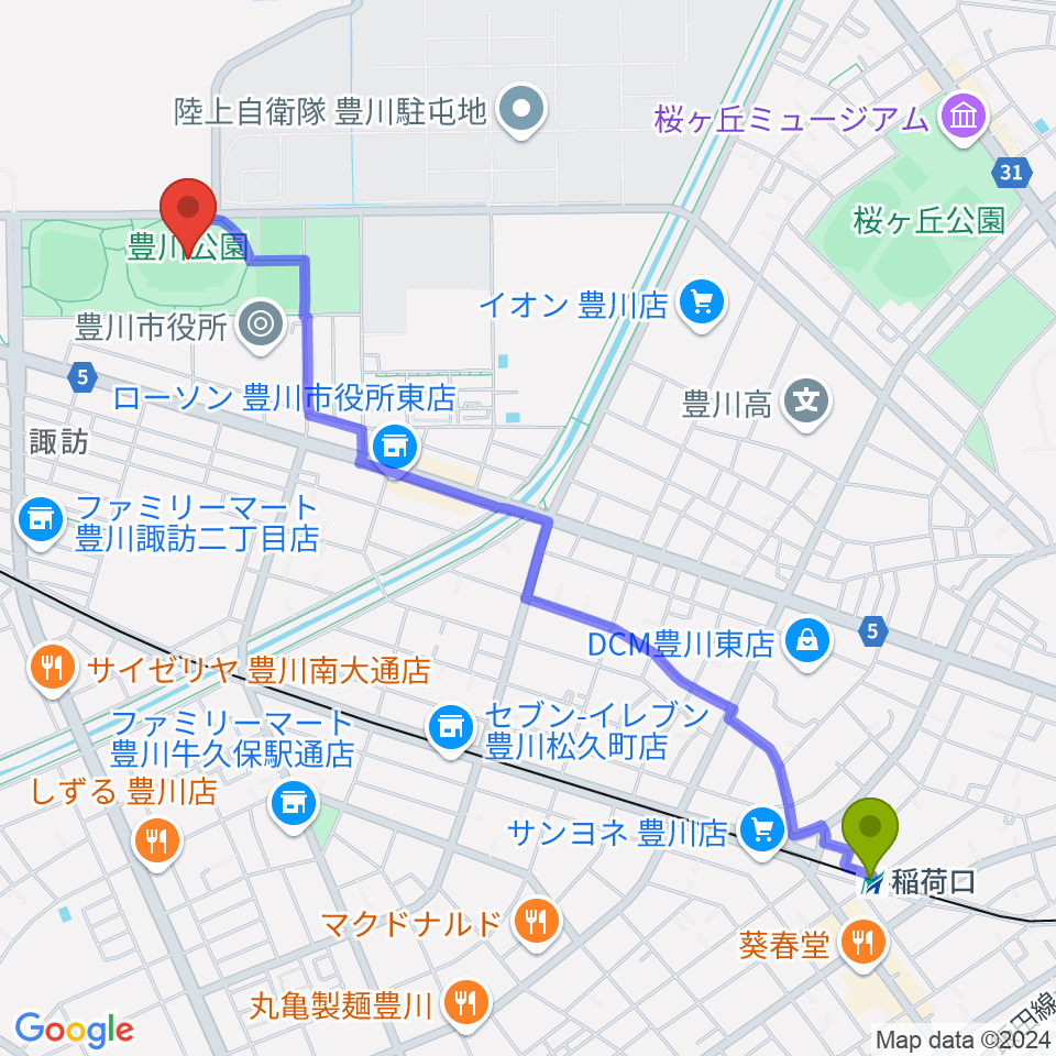 稲荷口駅から豊川市陸上競技場へのルートマップ地図