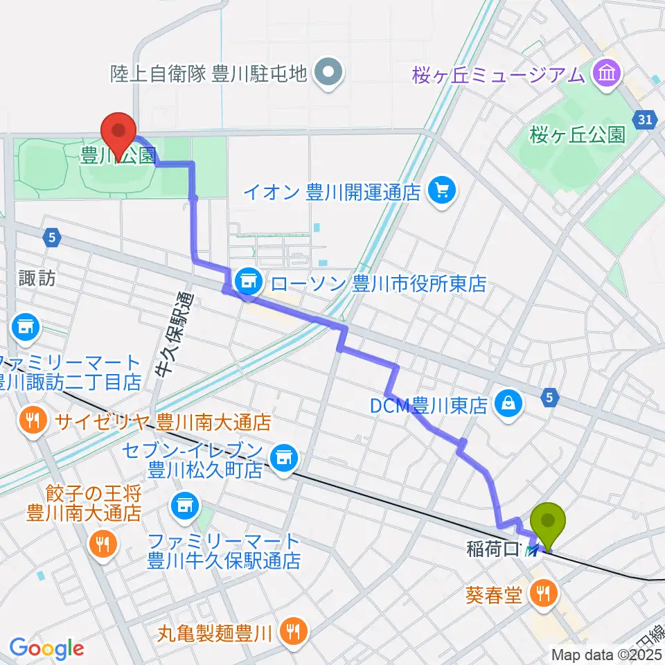 稲荷口駅からOKAKENアスリートフィールドへのルートマップ地図