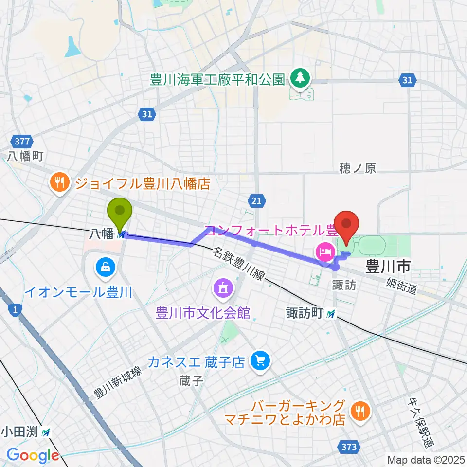 八幡駅からかわしんビクトリースタジアムへのルートマップ地図