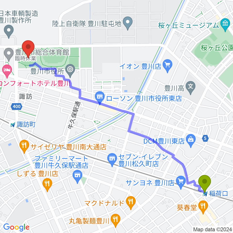 稲荷口駅からかわしんビクトリースタジアムへのルートマップ地図