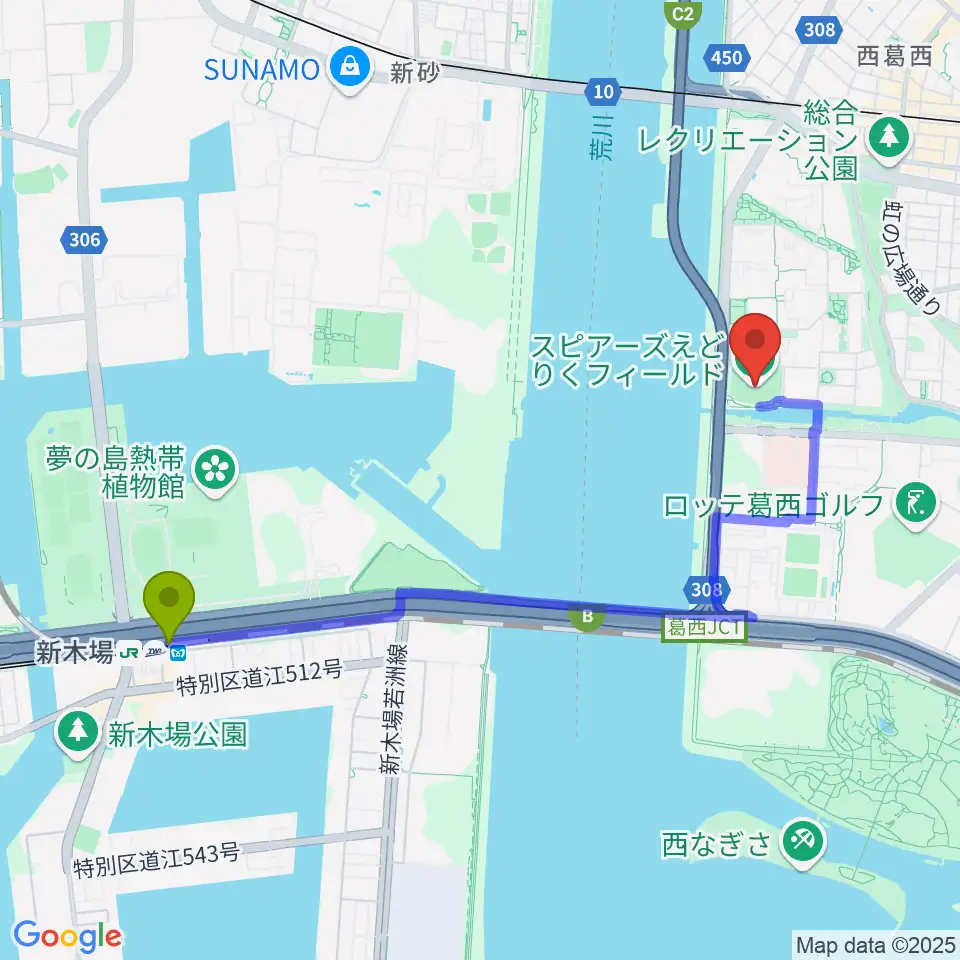 新木場駅からスピアーズえどりくフィールドへのルートマップ地図