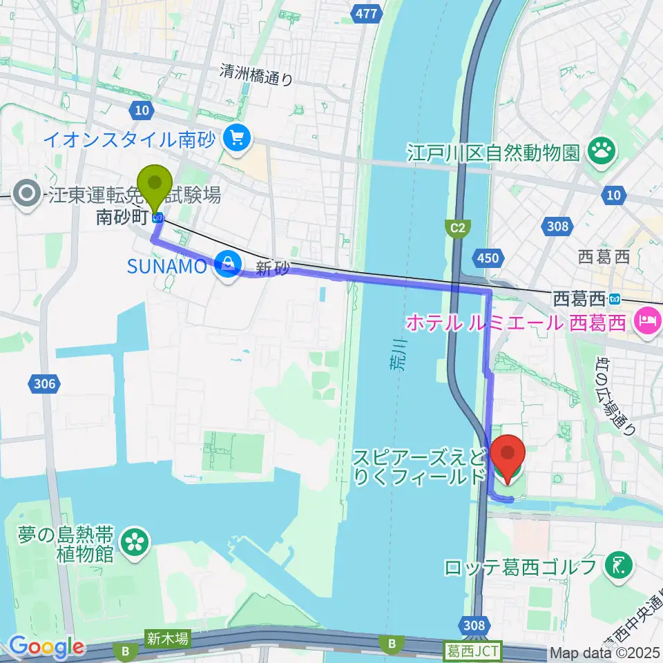 南砂町駅からスピアーズえどりくフィールドへのルートマップ地図