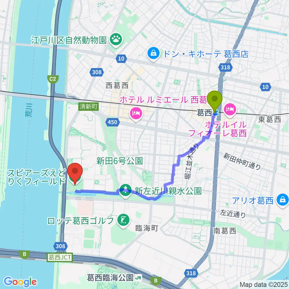 葛西駅からスピアーズえどりくフィールドへのルートマップ地図