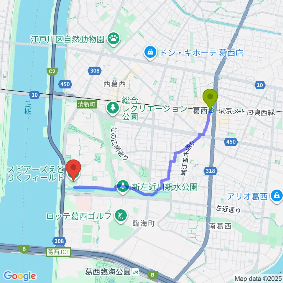 葛西駅からスピアーズえどりくフィールドへのルートマップ地図