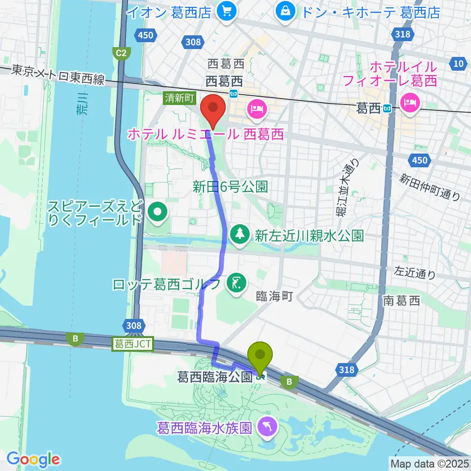 葛西臨海公園駅からJPアセットスタジアム江戸川へのルートマップ地図