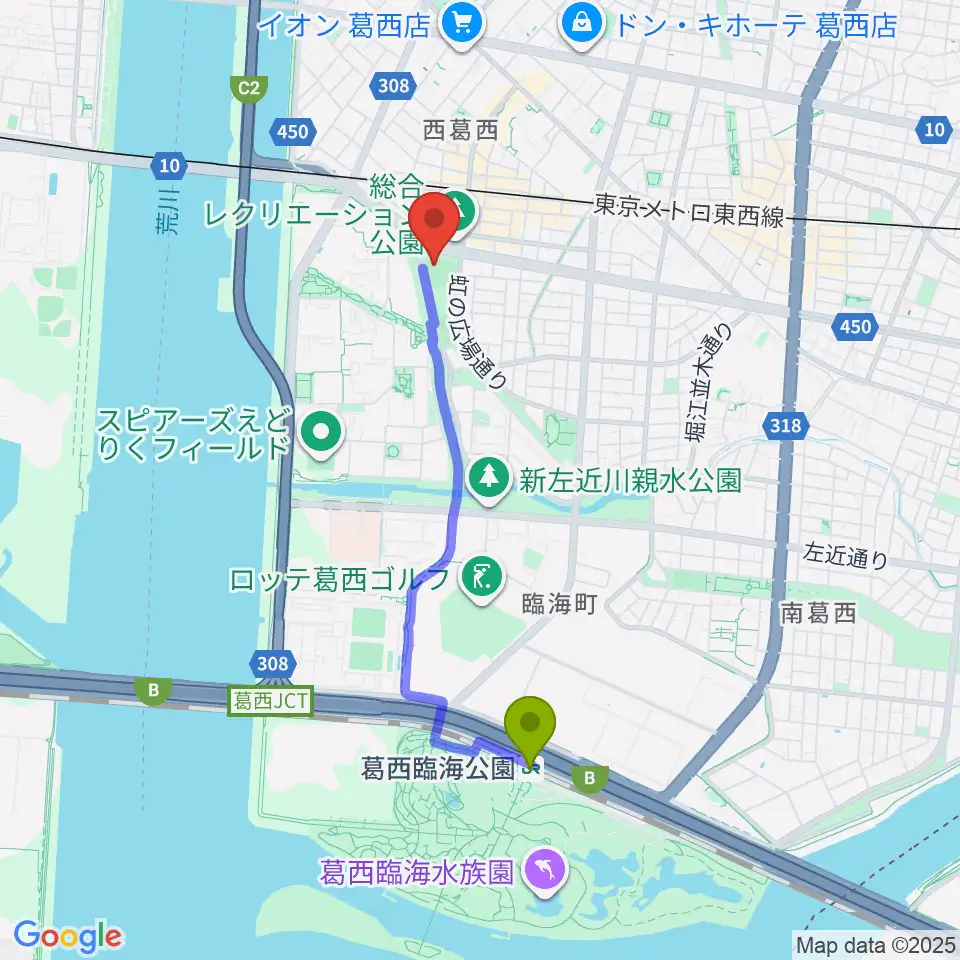 葛西臨海公園駅からオーエンススタジアム江戸川へのルートマップ地図