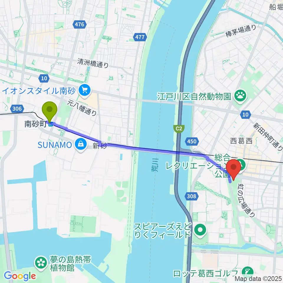 南砂町駅からJPアセットスタジアム江戸川へのルートマップ地図