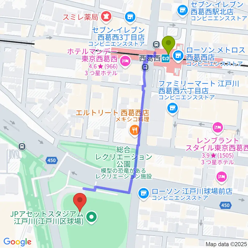 JPアセットスタジアム江戸川の最寄駅西葛西駅からの徒歩ルート（約6分）地図