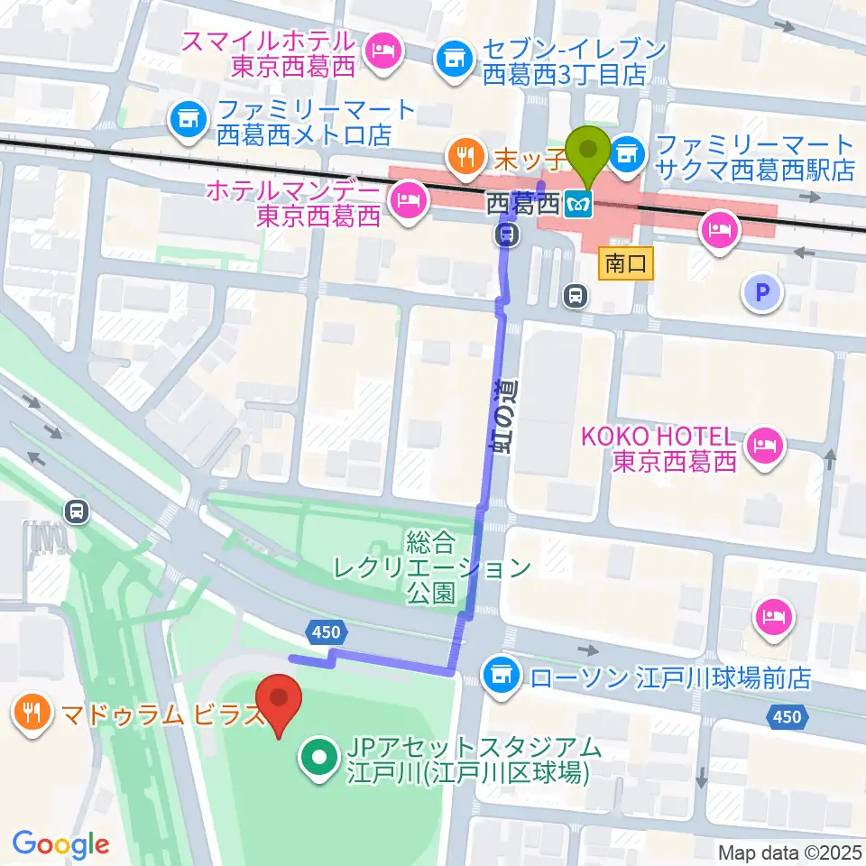 オーエンススタジアム江戸川の最寄駅西葛西駅からの徒歩ルート（約6分）地図