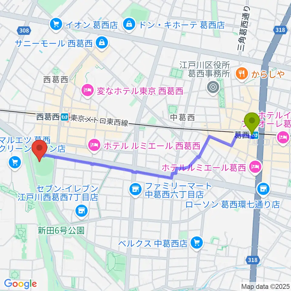 葛西駅からJPアセットスタジアム江戸川へのルートマップ地図