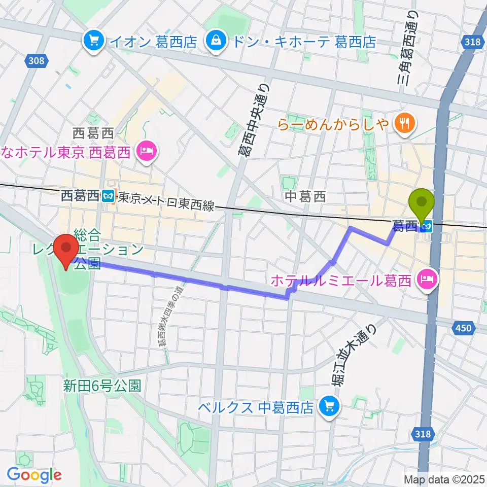 葛西駅からオーエンススタジアム江戸川へのルートマップ地図