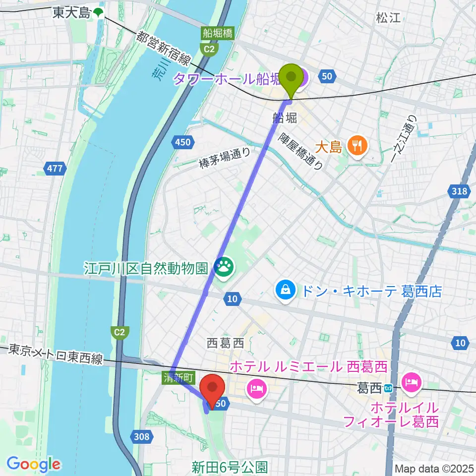 船堀駅からJPアセットスタジアム江戸川へのルートマップ地図