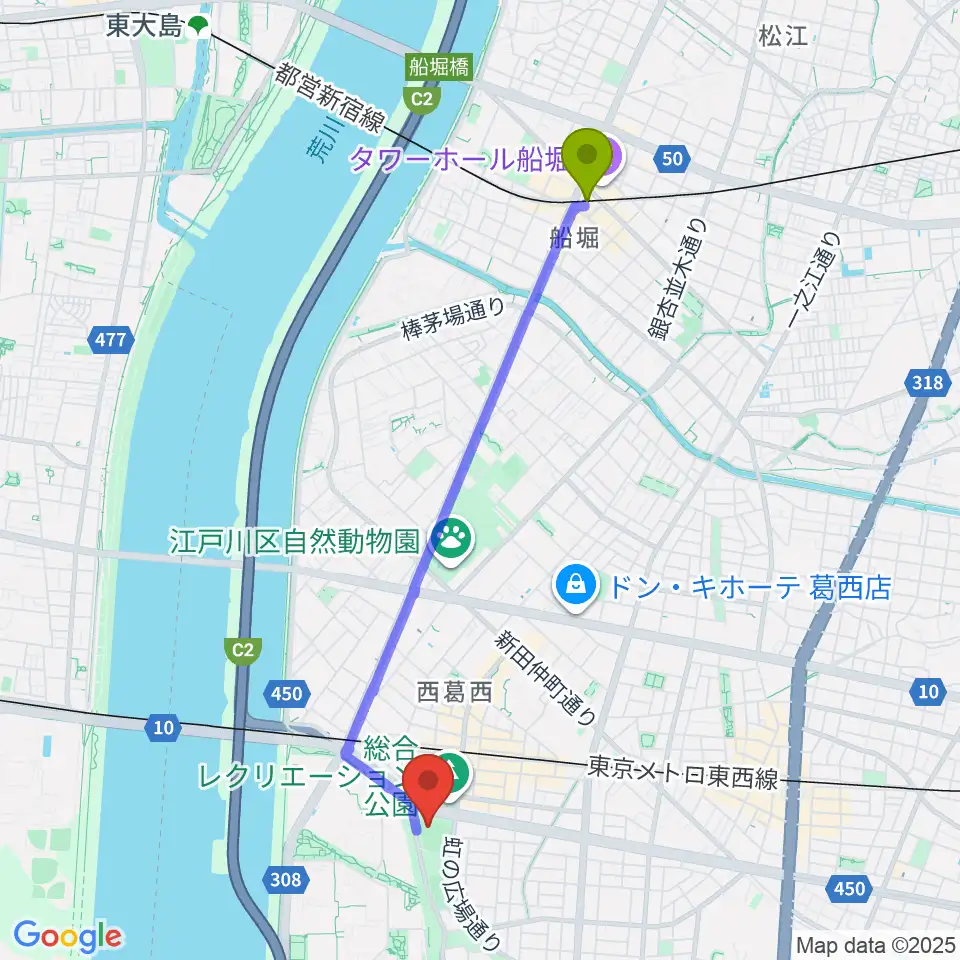 船堀駅からオーエンススタジアム江戸川へのルートマップ地図