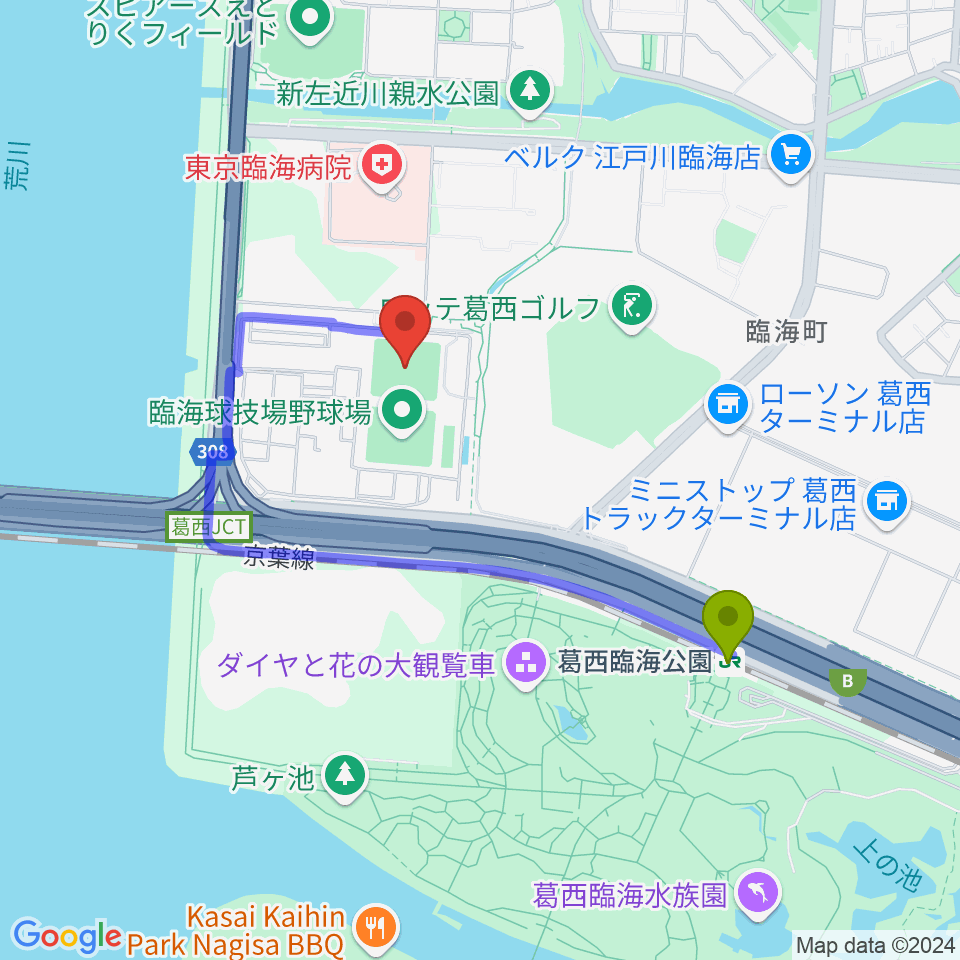 江戸川区臨海球技場多目的グラウンドの最寄駅葛西臨海公園駅からの徒歩ルート（約14分）地図