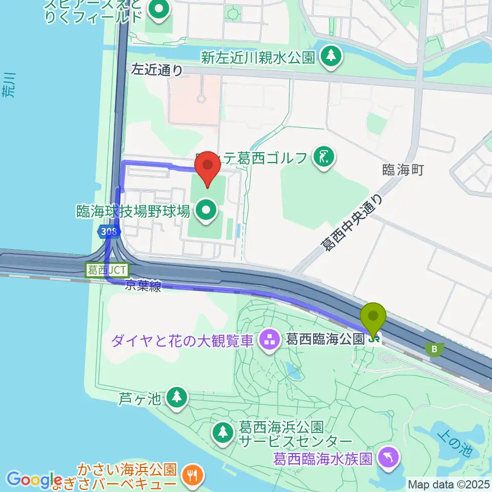 江戸川区臨海球技場多目的グラウンドの最寄駅葛西臨海公園駅からの徒歩ルート（約14分）地図
