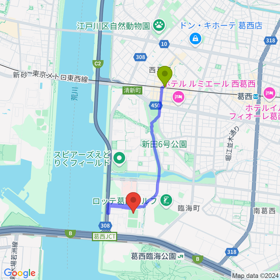 西葛西駅から江戸川区臨海球技場多目的グラウンドへのルートマップ地図