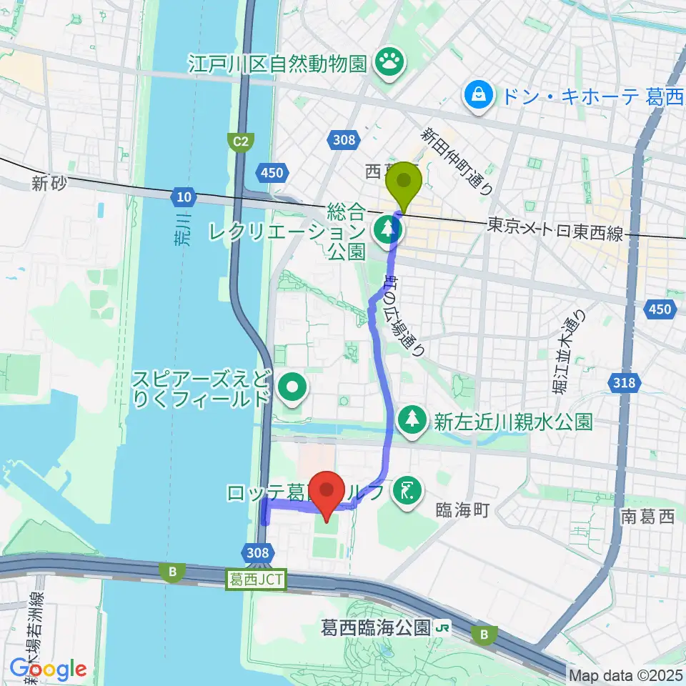 西葛西駅から江戸川区臨海球技場多目的グラウンドへのルートマップ地図