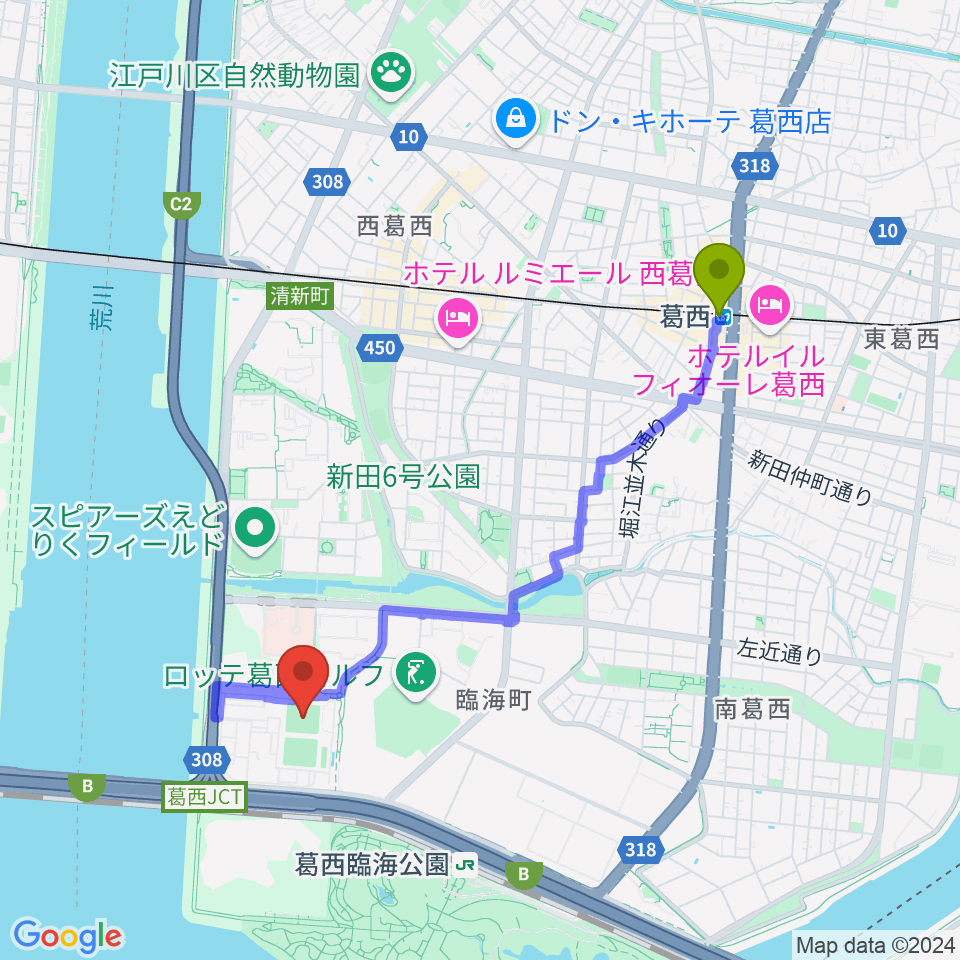 葛西駅から江戸川区臨海球技場多目的グラウンドへのルートマップ地図