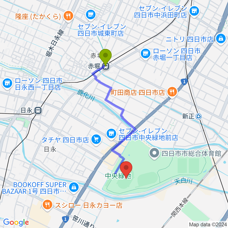 赤堀駅から四日市市中央陸上競技場へのルートマップ地図