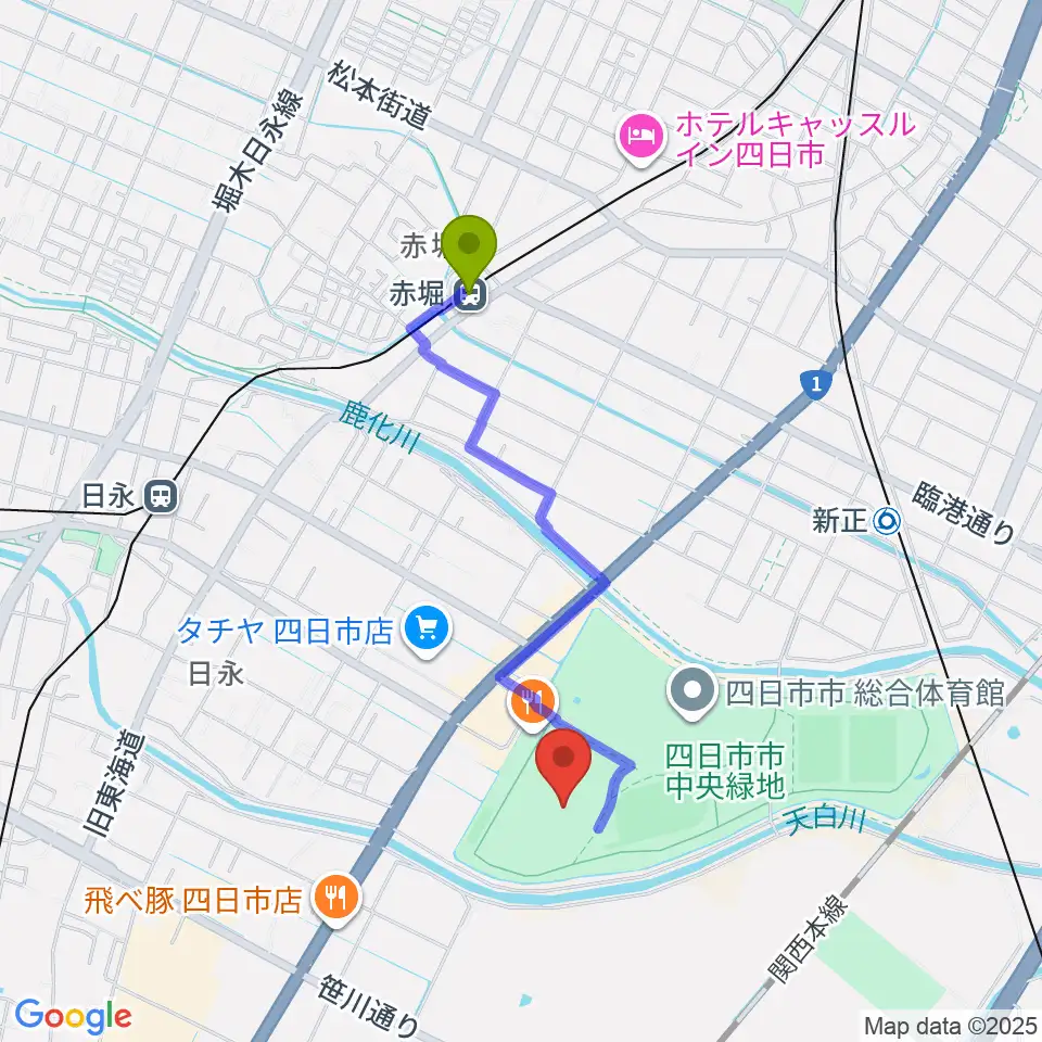 赤堀駅から四日市市中央陸上競技場へのルートマップ地図