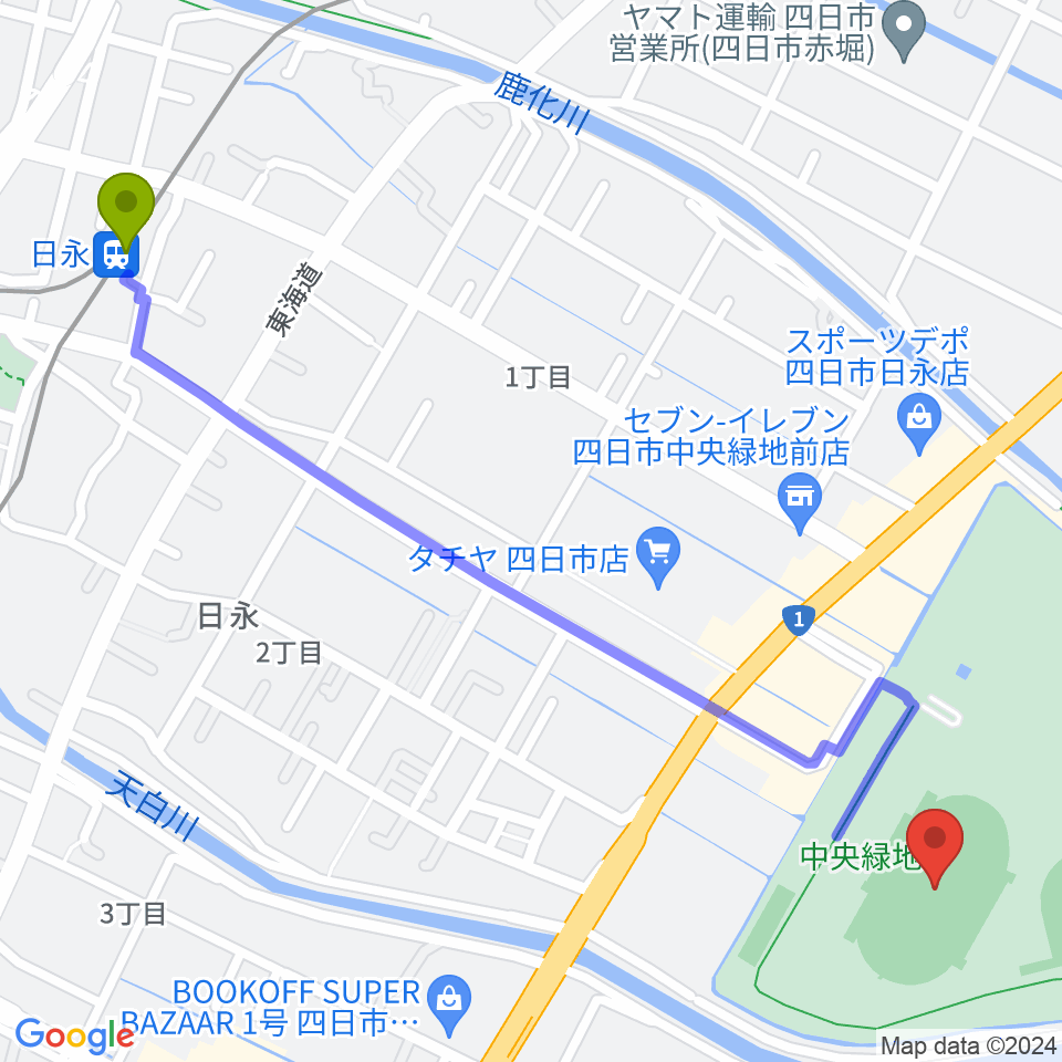 日永駅から四日市市中央陸上競技場へのルートマップ地図