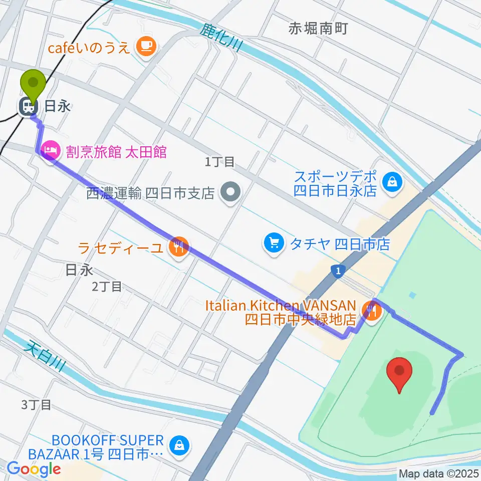 日永駅から四日市市中央陸上競技場へのルートマップ地図