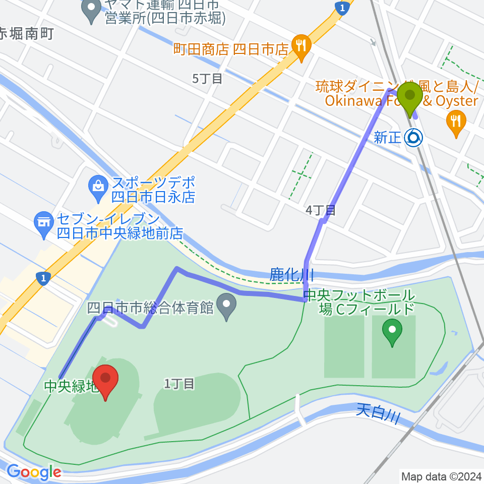 四日市市中央陸上競技場の最寄駅新正駅からの徒歩ルート（約13分）地図