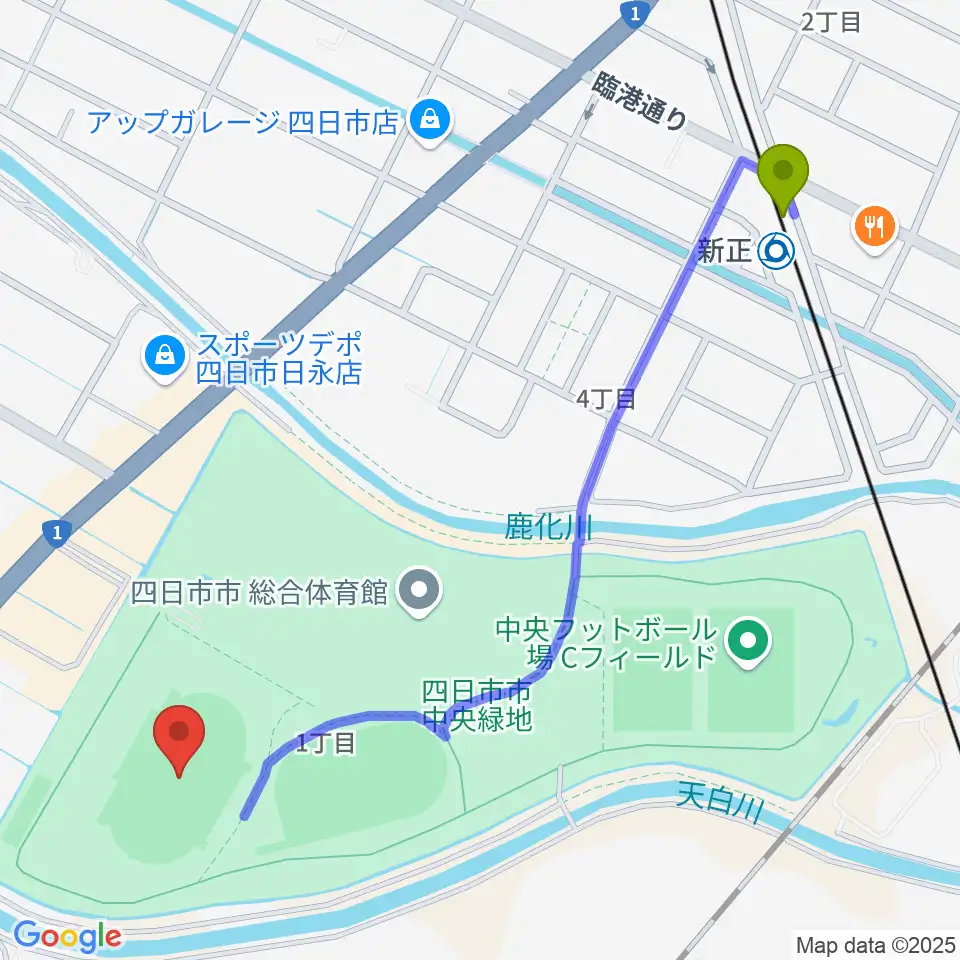 四日市市中央陸上競技場の最寄駅新正駅からの徒歩ルート（約13分）地図