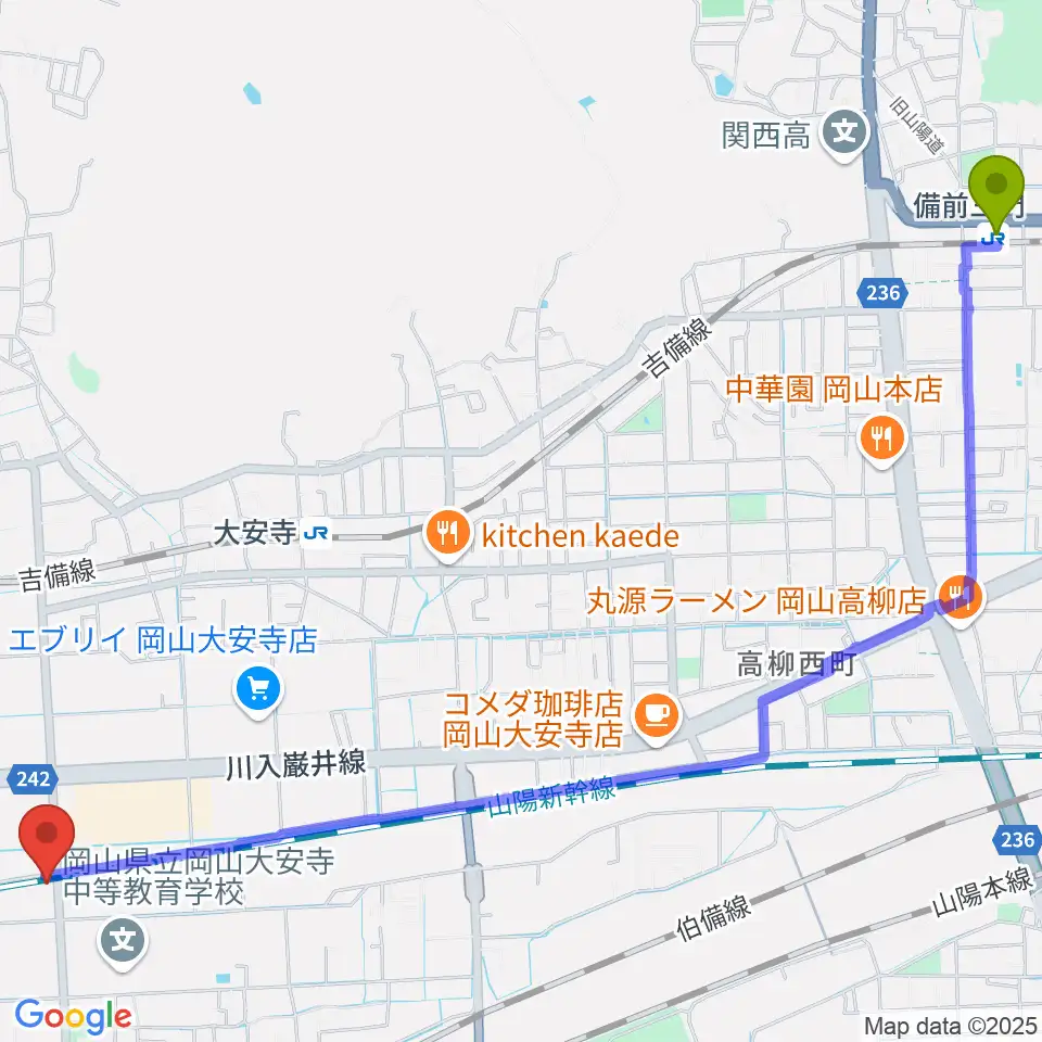 備前三門駅からミュージックスタジオOZZへのルートマップ地図