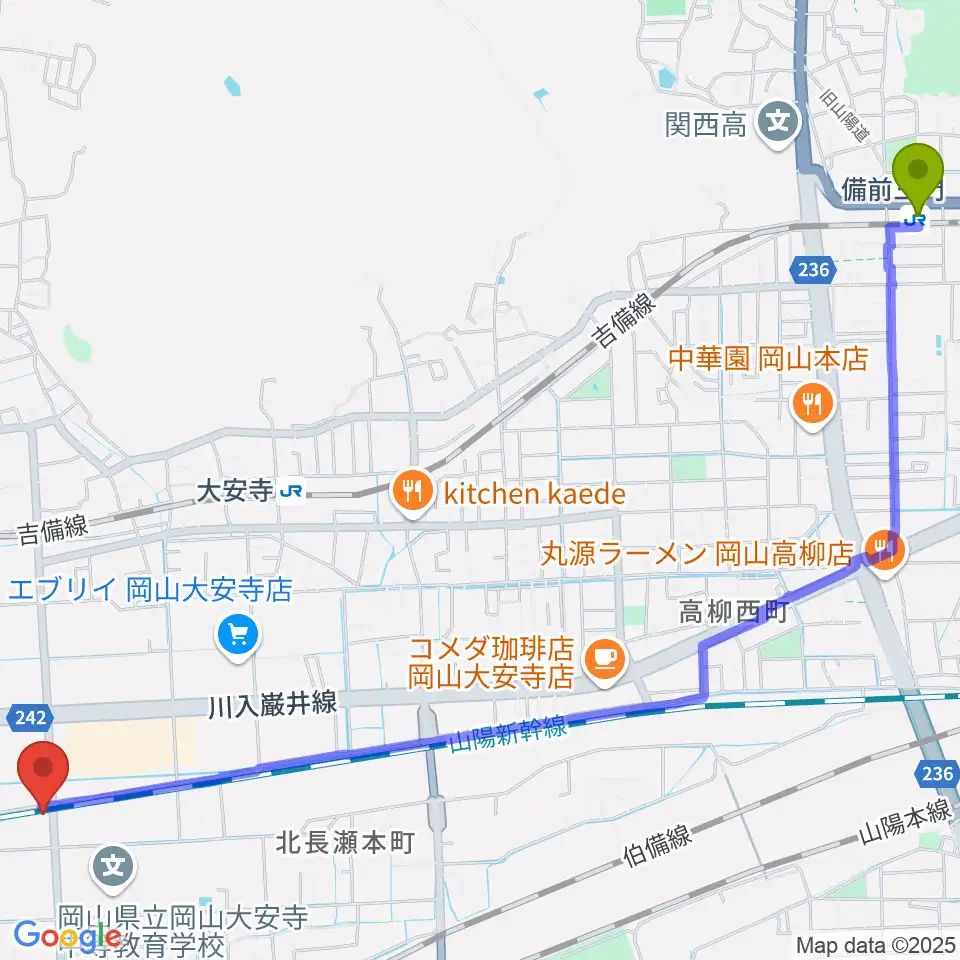 備前三門駅からミュージックスタジオOZZへのルートマップ地図