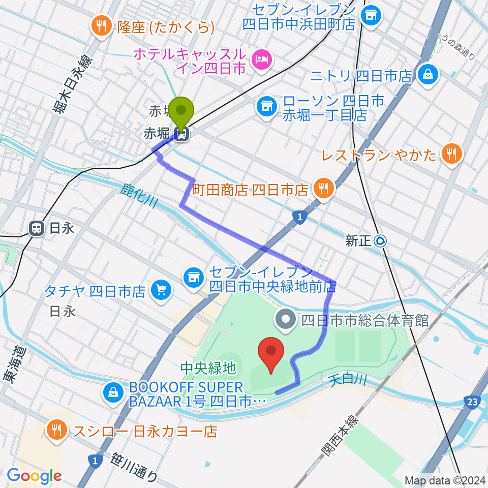 赤堀駅から四日市市中央フットボール場Aフィールドへのルートマップ地図