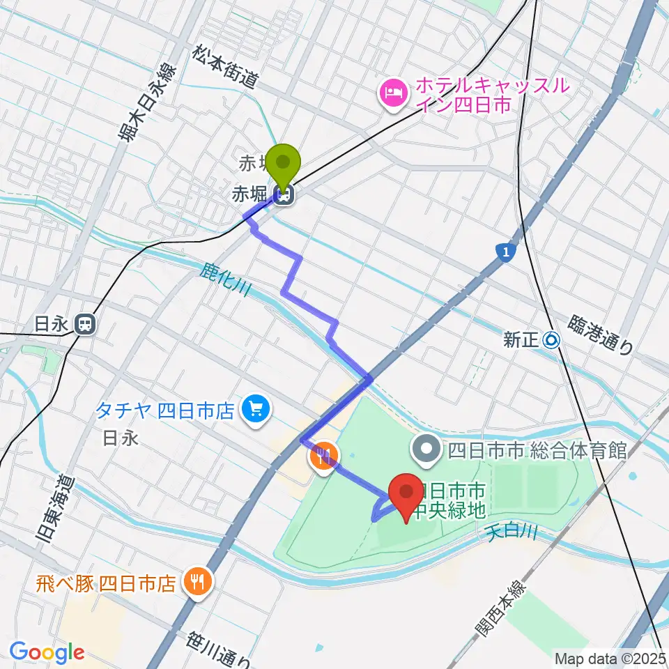 赤堀駅から四日市市中央フットボール場Aフィールドへのルートマップ地図