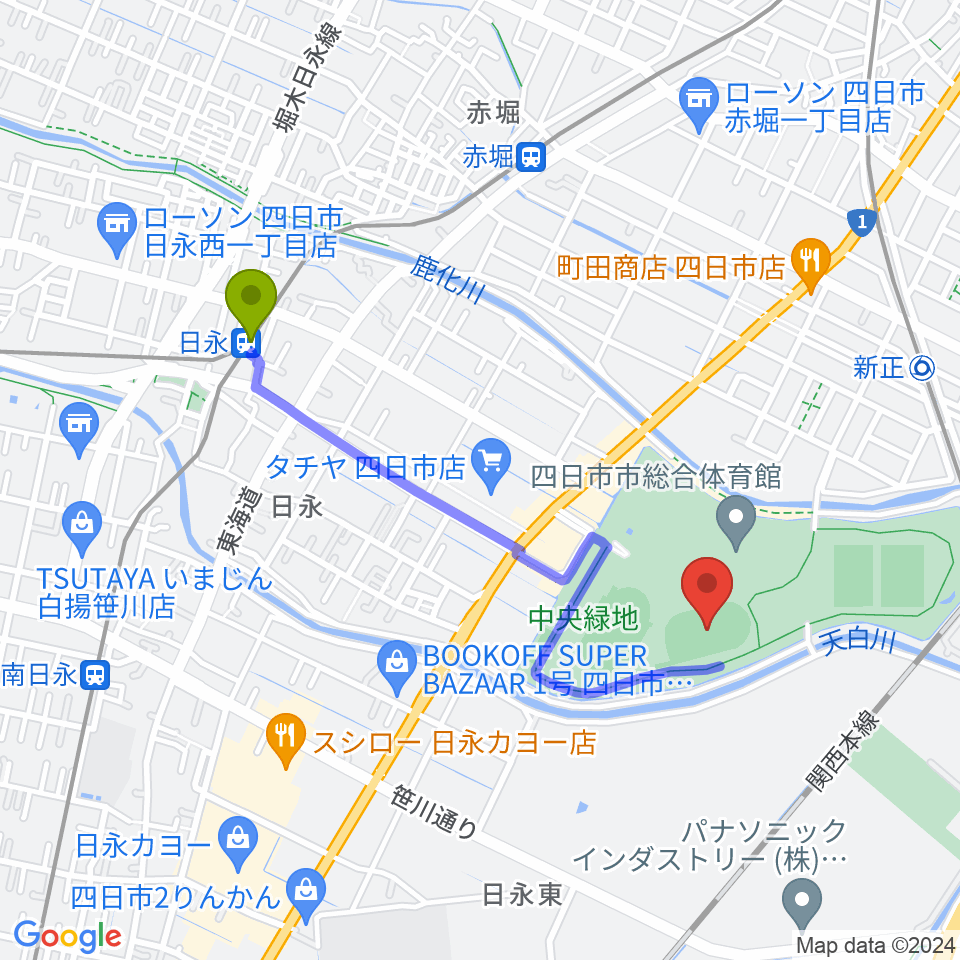 日永駅から四日市市中央フットボール場Aフィールドへのルートマップ地図