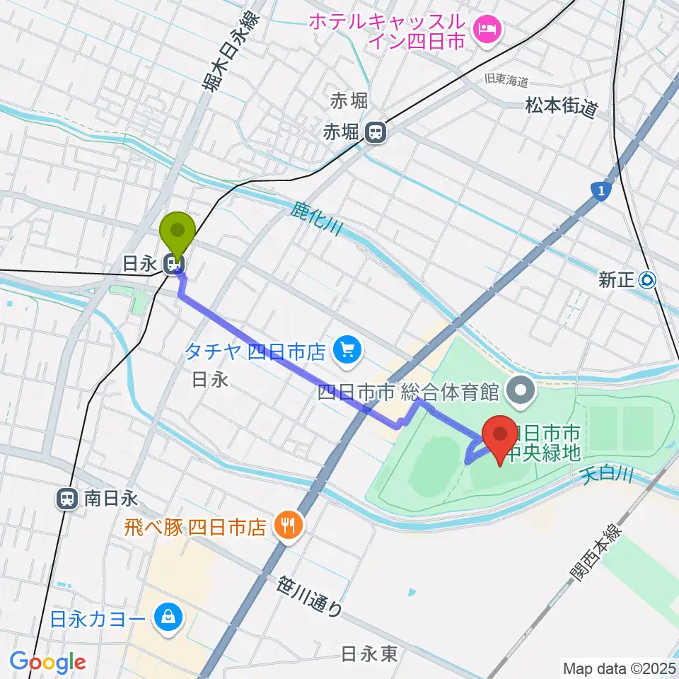 日永駅から四日市市中央フットボール場Aフィールドへのルートマップ地図