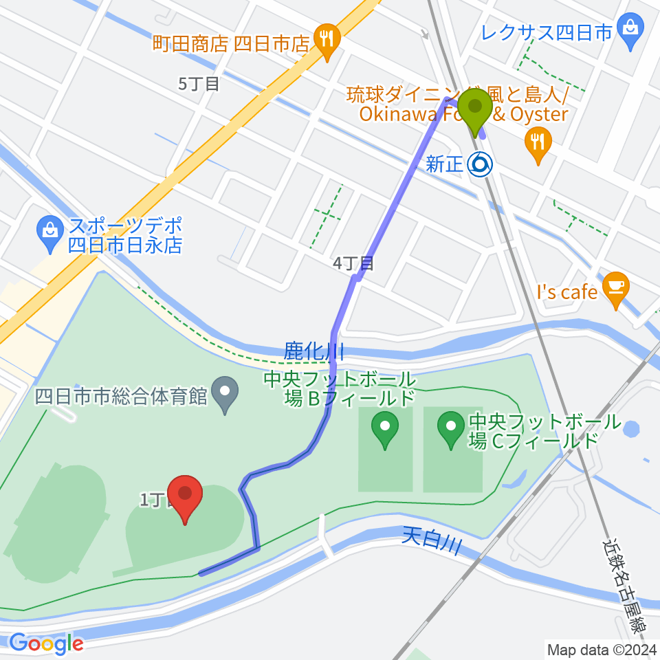 四日市市中央フットボール場Aフィールドの最寄駅新正駅からの徒歩ルート（約11分）地図