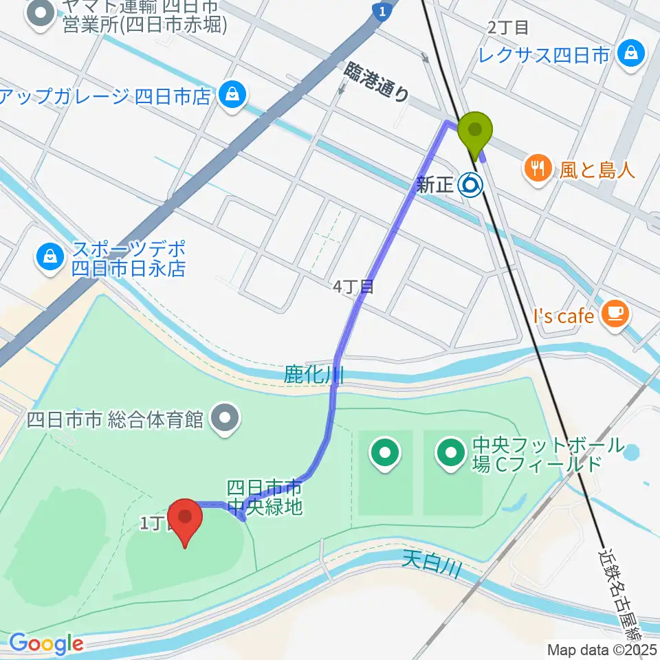 四日市市中央フットボール場Aフィールドの最寄駅新正駅からの徒歩ルート（約11分）地図