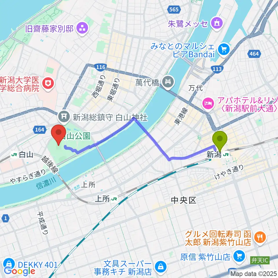 新潟駅から新潟市陸上競技場へのルートマップ地図