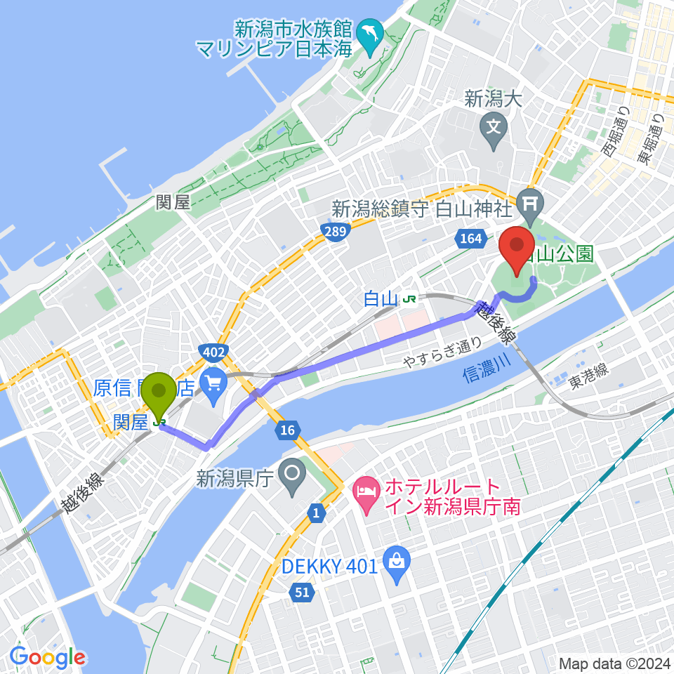 関屋駅から新潟市陸上競技場へのルートマップ地図